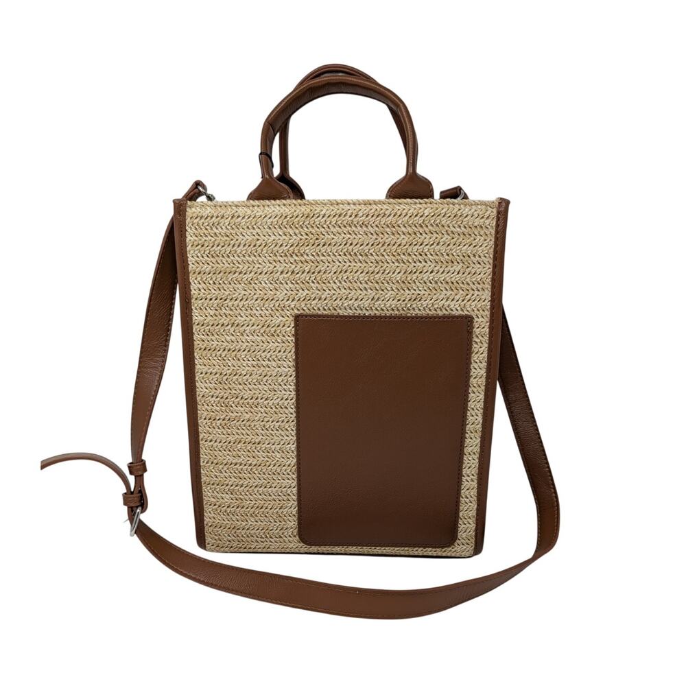 BCBG Straw Woven Tote Bag Natural Cognac Crossbody NWT